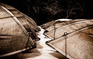 An abstracted photo of row boats.