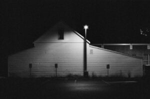 Nighttime photo of a barn