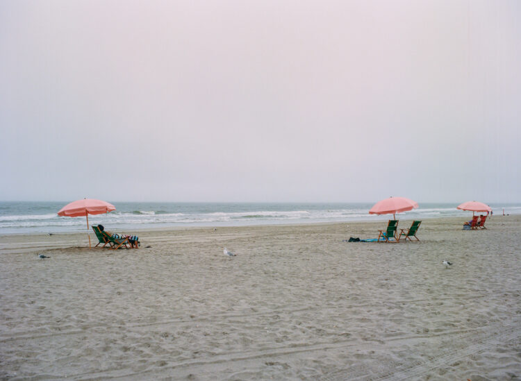 Umbrellas on the beach on a cloudy day