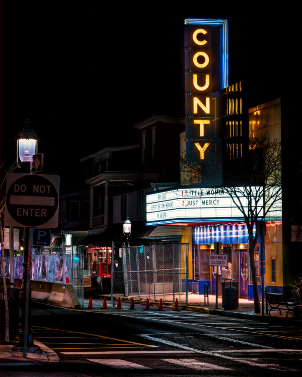 The County Theater under construction at night